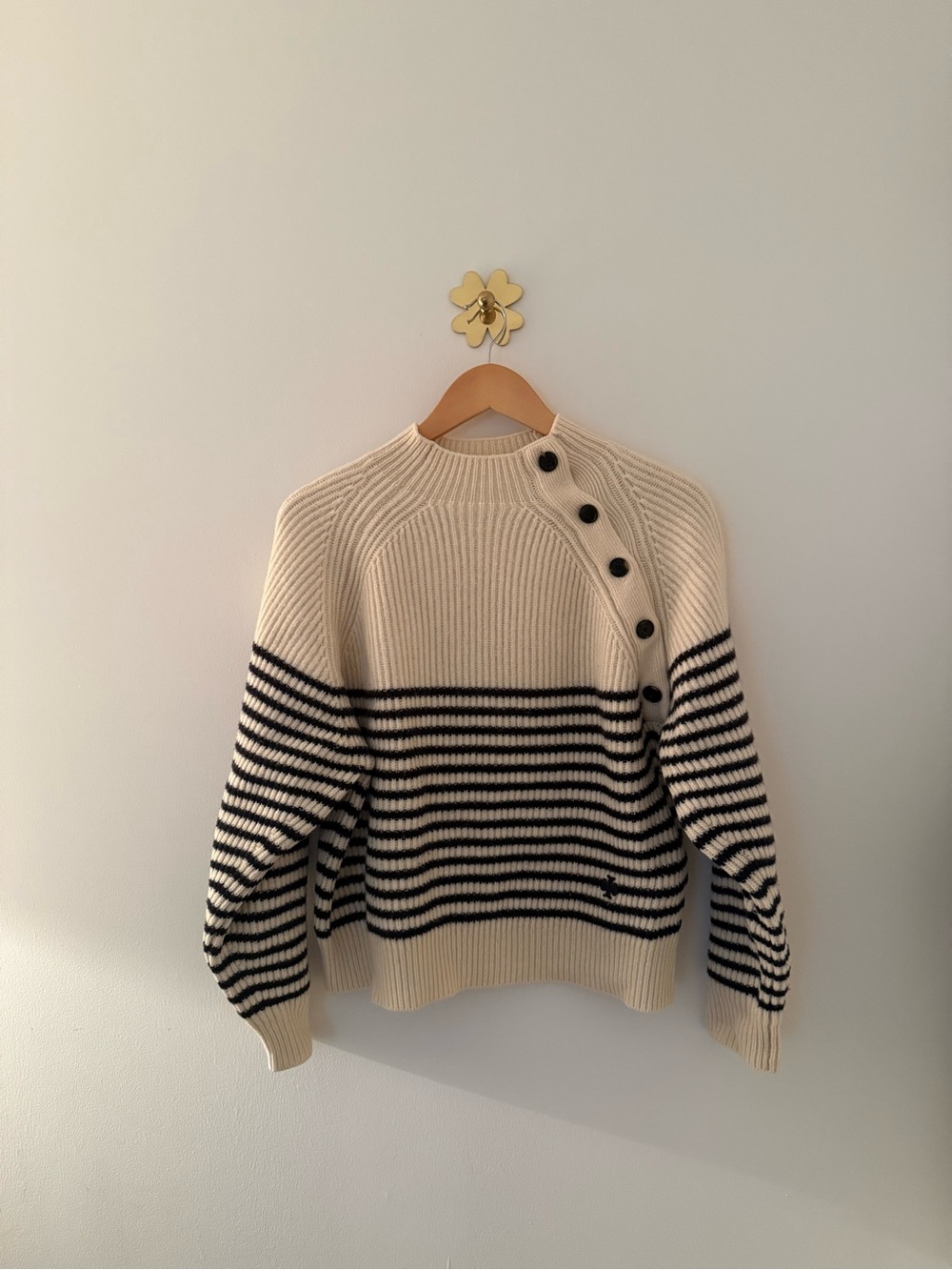 Tory Sport Cream Sweater with Navy Stripes and Button-Shoulder